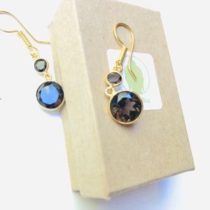 Smokey Quartz Double Stone 24K Gold Hook Earrings